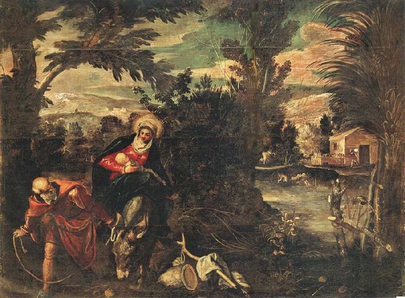 TINTORETTO, Jacopo Flight into Egypt Norge oil painting art